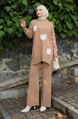 Ensemble Deux Pièces En Tricot Tunique Et Pantalon Brodés De Perles 1016-02 Café Au Lait 1016-02