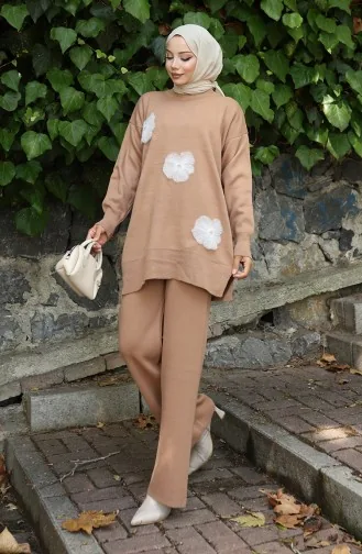 Ensemble Deux Pièces En Tricot Tunique Et Pantalon Brodés De Perles 1016-02 Café Au Lait 1016-02