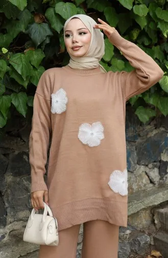 Ensemble Deux Pièces En Tricot Tunique Et Pantalon Brodés De Perles 1016-02 Café Au Lait 1016-02