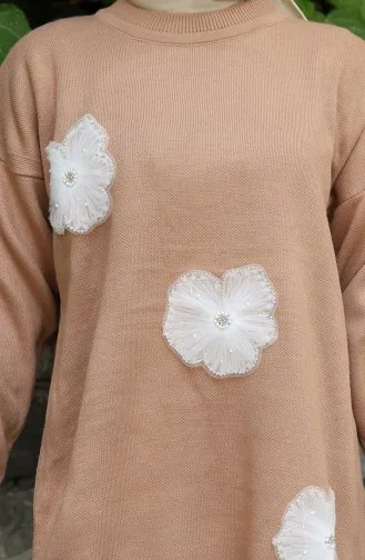 Ensemble Deux Pièces En Tricot Tunique Et Pantalon Brodés De Perles 1016-02 Café Au Lait 1016-02