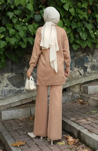 Ensemble Deux Pièces En Tricot Tunique Et Pantalon Brodés De Perles 1016-02 Café Au Lait 1016-02