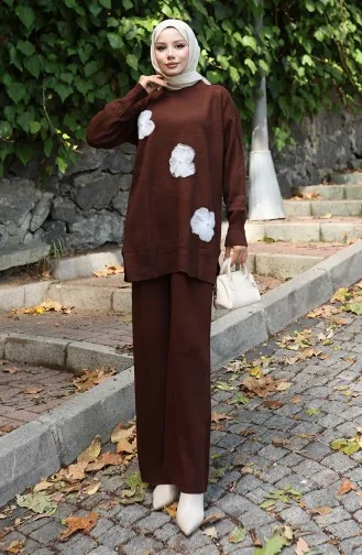 Ensemble Deux Pièces En Tricot Tunique Et Pantalon Brodés De Perles 1016-03 Marron 1016-03