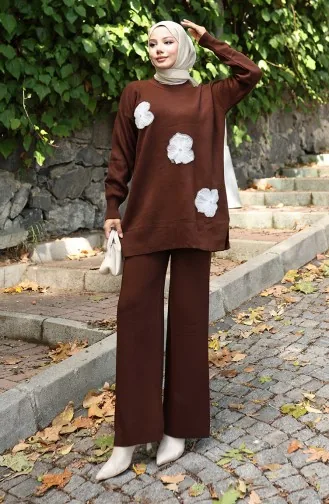 Ensemble Deux Pièces En Tricot Tunique Et Pantalon Brodés De Perles 1016-03 Marron 1016-03