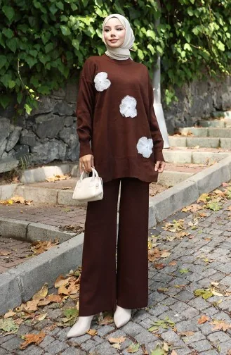 Ensemble Deux Pièces En Tricot Tunique Et Pantalon Brodés De Perles 1016-03 Marron 1016-03