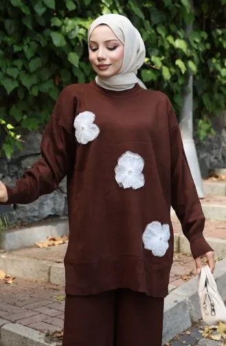 Ensemble Deux Pièces En Tricot Tunique Et Pantalon Brodés De Perles 1016-03 Marron 1016-03