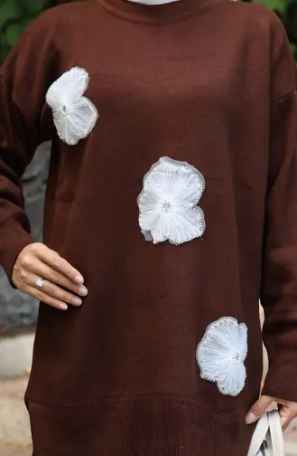 Ensemble Deux Pièces En Tricot Tunique Et Pantalon Brodés De Perles 1016-03 Marron 1016-03