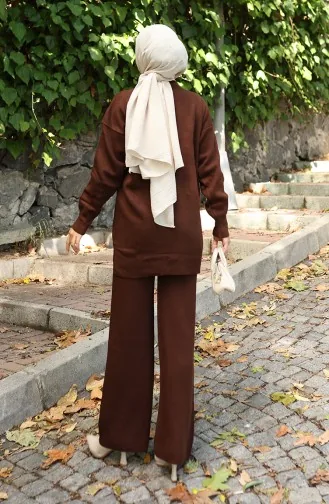 Ensemble Deux Pièces En Tricot Tunique Et Pantalon Brodés De Perles 1016-03 Marron 1016-03