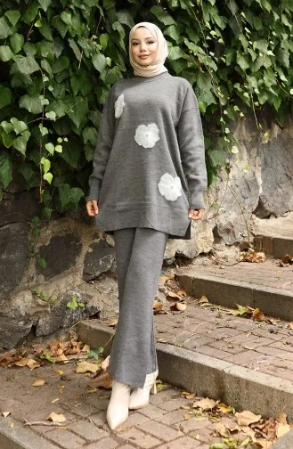 Gebreid Kralen Geborduurd Tuniek Broek Tweedelig Pak 1016-04 Grijs 1016-04