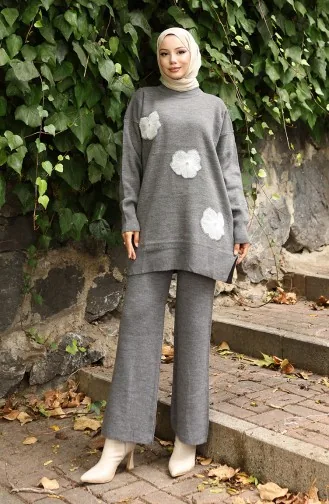 Gebreid Kralen Geborduurd Tuniek Broek Tweedelig Pak 1016-04 Grijs 1016-04