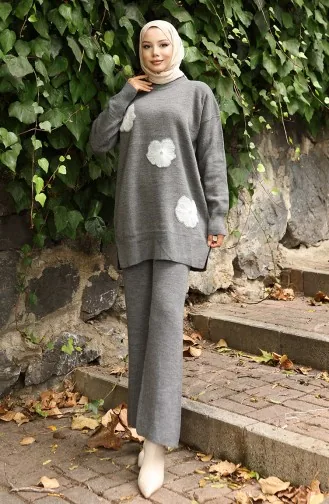Gebreid Kralen Geborduurd Tuniek Broek Tweedelig Pak 1016-04 Grijs 1016-04