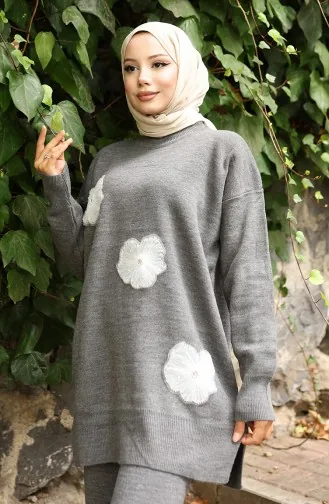 Gebreid Kralen Geborduurd Tuniek Broek Tweedelig Pak 1016-04 Grijs 1016-04