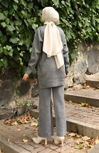 Gebreid Kralen Geborduurd Tuniek Broek Tweedelig Pak 1016-04 Grijs 1016-04