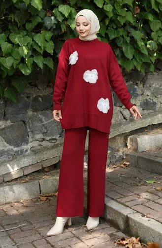 Ensemble Deux Pièces En Tricot Tunique Et Pantalon Brodés De Perles 1016-05 Bordeaux 1016-05