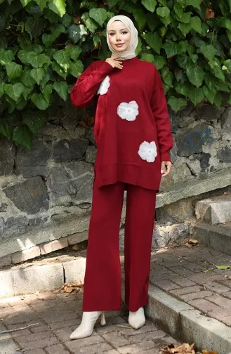 Ensemble Deux Pièces En Tricot Tunique Et Pantalon Brodés De Perles 1016-05 Bordeaux 1016-05
