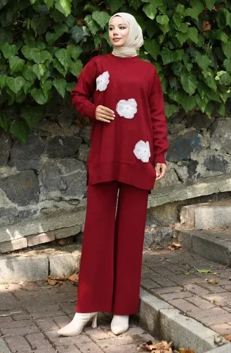 Ensemble Deux Pièces En Tricot Tunique Et Pantalon Brodés De Perles 1016-05 Bordeaux 1016-05