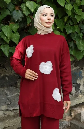 Ensemble Deux Pièces En Tricot Tunique Et Pantalon Brodés De Perles 1016-05 Bordeaux 1016-05