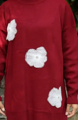 Ensemble Deux Pièces En Tricot Tunique Et Pantalon Brodés De Perles 1016-05 Bordeaux 1016-05