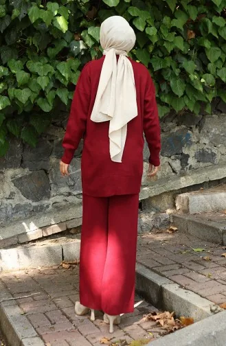 Ensemble Deux Pièces En Tricot Tunique Et Pantalon Brodés De Perles 1016-05 Bordeaux 1016-05