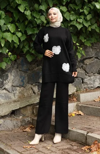 طقم تونيك وبنطلون محبوك مطرز بالخرز من قطعتين 1016-06 أسود 1016-06