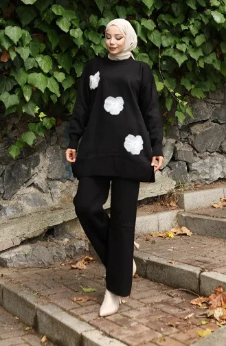 طقم تونيك وبنطلون محبوك مطرز بالخرز من قطعتين 1016-06 أسود 1016-06