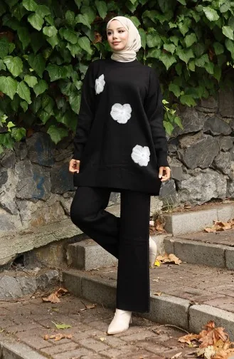 طقم تونيك وبنطلون محبوك مطرز بالخرز من قطعتين 1016-06 أسود 1016-06