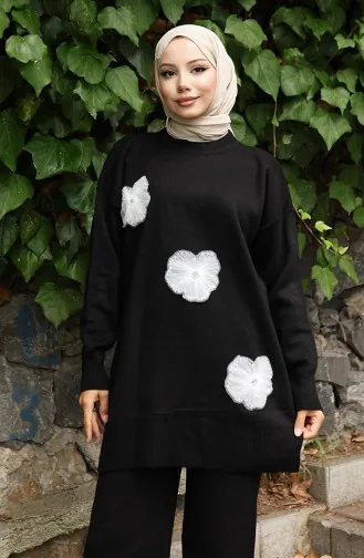 طقم تونيك وبنطلون محبوك مطرز بالخرز من قطعتين 1016-06 أسود 1016-06