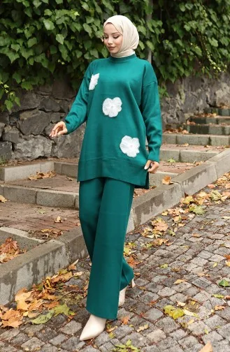 Gebreide Tuniek Met Kralenborduursel Tweedelig Setje 1016-07 Petrol 1016-07