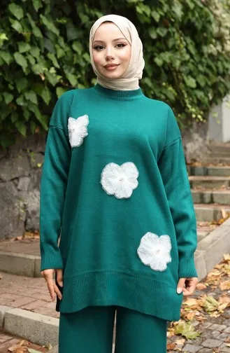 Gebreide Tuniek Met Kralenborduursel Tweedelig Setje 1016-07 Petrol 1016-07