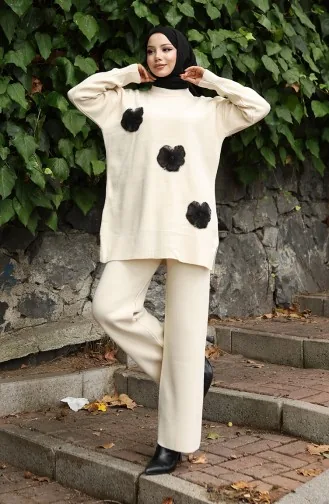 Gebreide Tuniek Met Kralenborduursel Tweedelig Setje 1016-08 Beige 1016-08