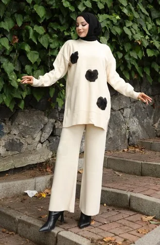Gebreide Tuniek Met Kralenborduursel Tweedelig Setje 1016-08 Beige 1016-08