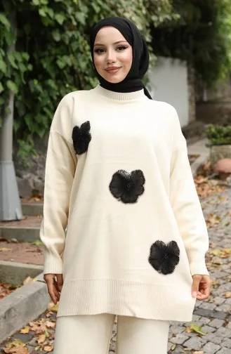 Gebreide Tuniek Met Kralenborduursel Tweedelig Setje 1016-08 Beige 1016-08
