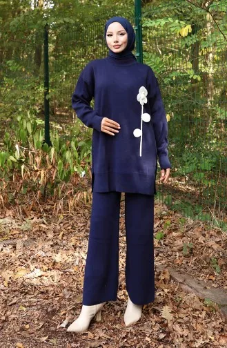 Strickmode Blumenmuster Tunika Hose Zweiteiler 1017-01 Marineblau 1017-01
