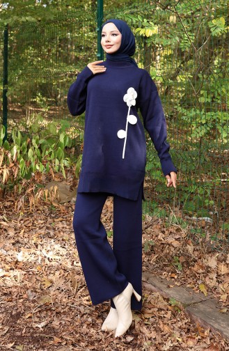 Knitwear Floral Figured Tunic Trousers Two Piece Suit 1017-01 Navy Blue 1017-01