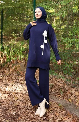 Strickmode Blumenmuster Tunika Hose Zweiteiler 1017-01 Marineblau 1017-01