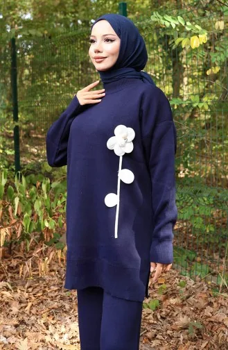 Strickmode Blumenmuster Tunika Hose Zweiteiler 1017-01 Marineblau 1017-01