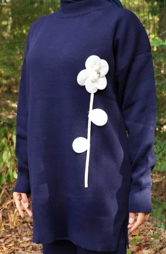 Strickmode Blumenmuster Tunika Hose Zweiteiler 1017-01 Marineblau 1017-01