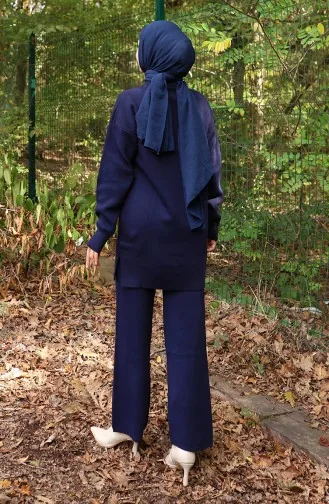 Strickmode Blumenmuster Tunika Hose Zweiteiler 1017-01 Marineblau 1017-01