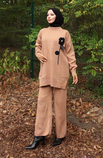 Knitwear Floral Figured Tunic Trousers Two Piece Suit 1017-02 Milk Coffee 1017-02