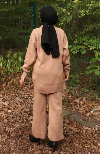 بدلة من قطعتين، بنطال وبنطلون تونيك مزخرف بنقشة زهور، موديل 1017-02، لون القهوة بالحليب 1017-02