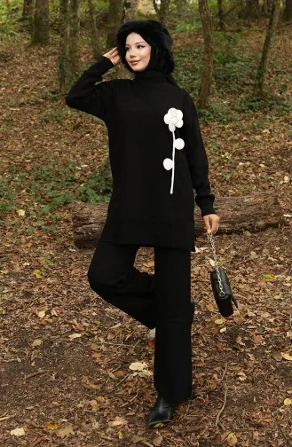 Knitwear Floral Figured Tunic Trousers Two Piece Suit 1017-03 Black 1017-03