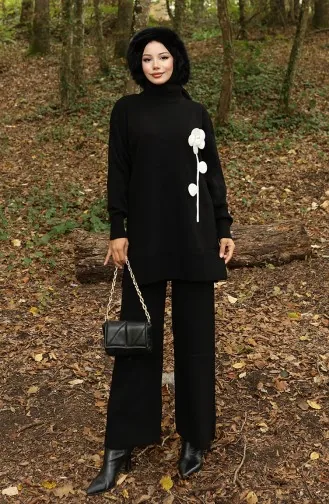 Knitwear Floral Figured Tunic Trousers Two Piece Suit 1017-03 Black 1017-03