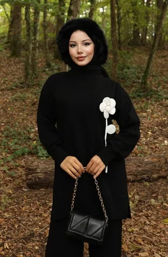 Knitwear Floral Figured Tunic Trousers Two Piece Suit 1017-03 Black 1017-03