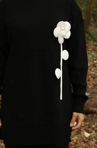 Knitwear Floral Figured Tunic Trousers Two Piece Suit 1017-03 Black 1017-03