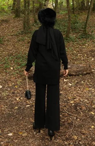 Knitwear Floral Figured Tunic Trousers Two Piece Suit 1017-03 Black 1017-03