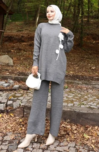 Triko Çiçek Figürlü Tunik Pantolon İkili Takım 1017-04 Gri