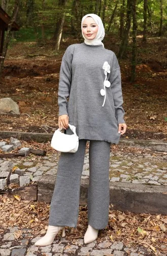 Triko Çiçek Figürlü Tunik Pantolon İkili Takım 1017-04 Gri