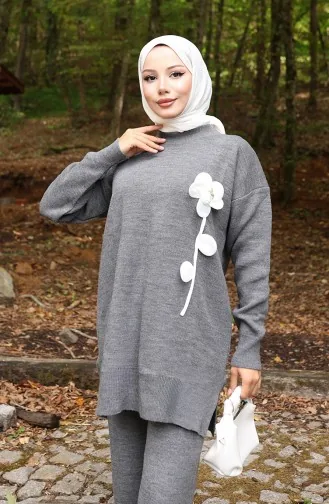 Triko Çiçek Figürlü Tunik Pantolon İkili Takım 1017-04 Gri