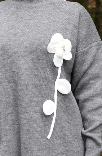 Triko Çiçek Figürlü Tunik Pantolon İkili Takım 1017-04 Gri