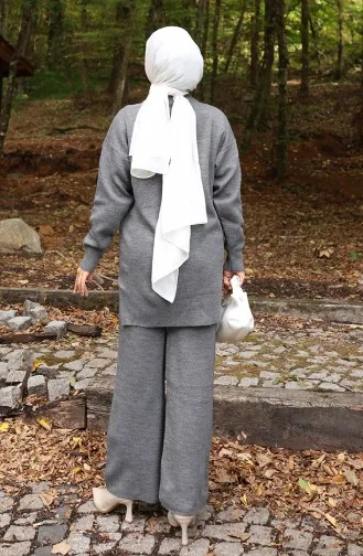 Triko Çiçek Figürlü Tunik Pantolon İkili Takım 1017-04 Gri