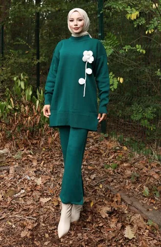 Knitwear Floral Figured Tunic Trousers Two Piece Set 1017-05 Petrol 1017-05